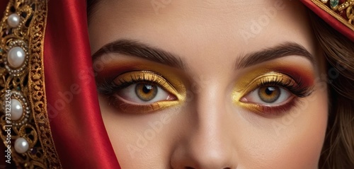 a close up of a woman's face with gold eyeshadow and a red scarf around her head.