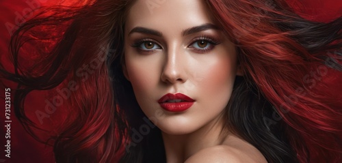 a close up of a woman with long red hair and red lipstick on her face and her hair blowing in the wind.