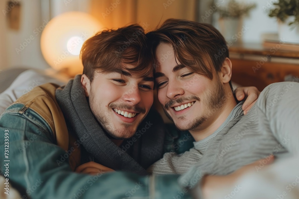 Two men share a joyful moment, capturing their love and friendship in a selfie against a colorful wall, radiating happiness and laughter Two men share a joyful moment, capturing their love and friendship in a selfie against a colorful wall, radiating happiness and laughter