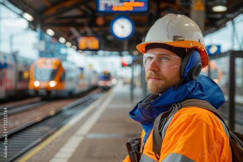 A rugged blue-collar worker wearing high-visibility clothing and a hard hat listens to music while working outdoors on a train track
