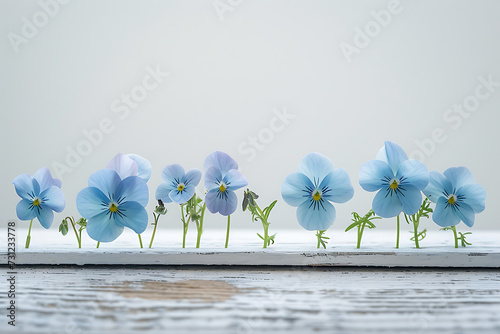 young flowers lined up on a wooden board with white b