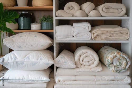 Cozy up indoors with an array of warm blankets and plush pillows on display, beckoning for a peaceful night's rest photo