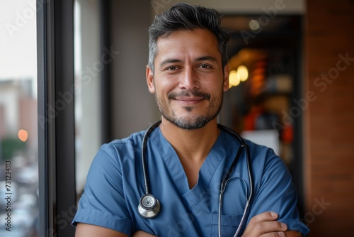 A smiling man with a rugged beard and watch around his wrist stands confidently against a wall, dressed in scrubs and a stethoscope, exuding both professionalism and approachability photo