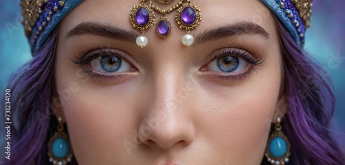 a close up of a woman's face wearing a headdress with pearls and jewels on her head.