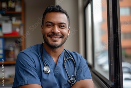 A joyful man in medical attire stands in front of a window, radiating positivity with his warm smile and crisp shirt against the backdrop of a plain wall photo