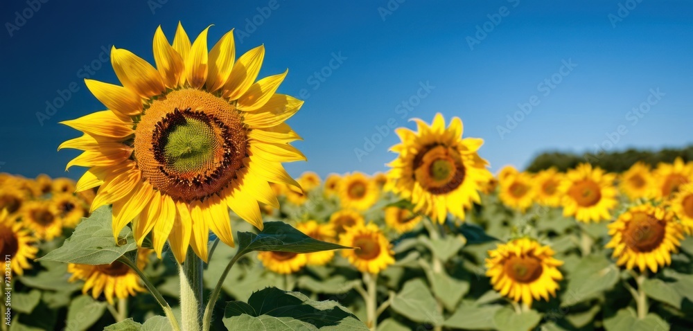 a large field of sunflowers with a bright blue sky in the backgrounnd of the picture. a large field of sunflowers with a bright blue sky in the backgrounnd of the picture.