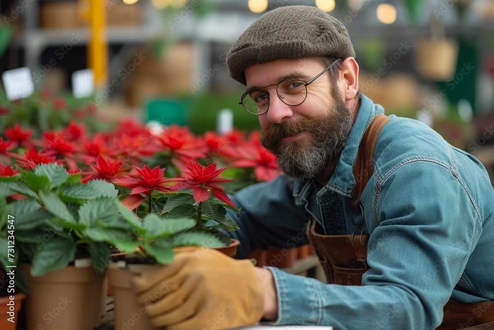 A rugged man in glasses and a hat sits outdoors, surrounded by vibrant potted plants, showcasing his love for nature and style A rugged man in glasses and a hat sits outdoors, surrounded by vibrant potted plants, showcasing his love for nature and style