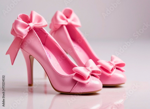 pair of pink high-heeled shoes with bows, coquette 