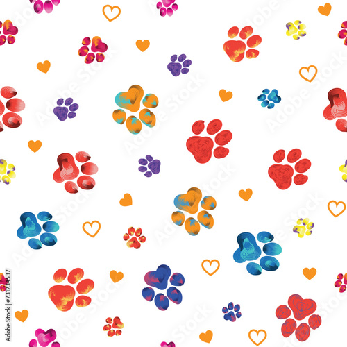 Rainbow animal paw print trails with hearts on a transparent background. Silhouettes of cat, dog footprint. Brushstroke vector illustration.