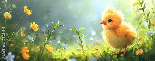 Illustration of spring featuring a small yellow chick against a meadow backdrop.