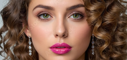 a close up of a woman's face with a pink lipstick on her lips and a diamond necklace on her neck.