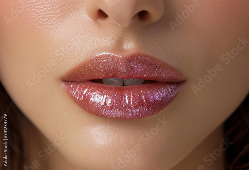 Close-up of lips with sparkling pink lipstick. Macro photography with a focus on glossy lip makeup. Beauty and cosmetics concept for design and print.