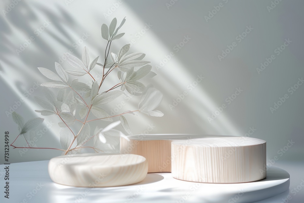Sunlit wooden display podium with white backdrop, ideal for product display. 3d, render Sunlit wooden display podium with white backdrop, ideal for product display. 3d, render
