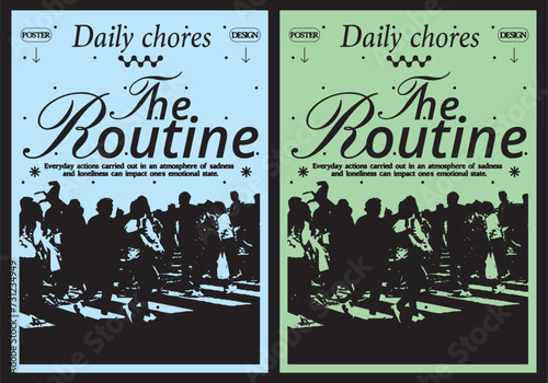 Set of color posters “The routine” With rushing people in the background, vector graphics