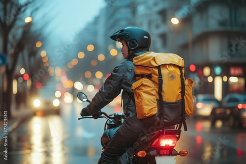 A daring rider braves the slick streets of the city at night, their motorcycle cutting through the rain as they navigate between buildings, the glow of the streetlights reflecting off their helmet an photo