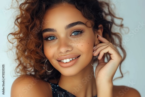 A stunning model with vibrant blue eyes and luscious curly hair showcases a flawless makeover, radiating confidence and beauty in a fashionable portrait against a stylish indoor backdrop