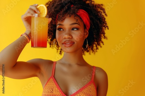 A radiant young woman stands against a wall, her red lips curved into a joyful smile as she holds a glass of refreshing juice, her clothing and brassiere hinting at her femininity while her soft drin