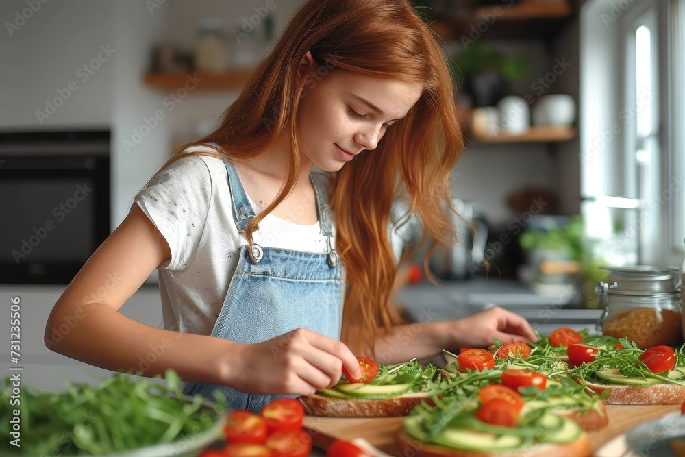 A woman in her natural clothing prepares a healthy meal in the kitchen, cutting fresh produce for a colorful salad while a girl adds a juicy tomato to her sandwich against the backdrop of a rustic wa