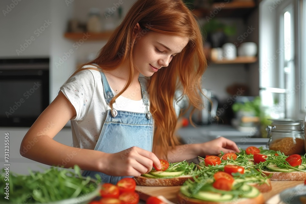 A woman in her natural clothing prepares a healthy meal in the kitchen, cutting fresh produce for a colorful salad while a girl adds a juicy tomato to her sandwich against the backdrop of a rustic wa A woman in her natural clothing prepares a healthy meal in the kitchen, cutting fresh produce for a colorful salad while a girl adds a juicy tomato to her sandwich against the backdrop of a rustic wa