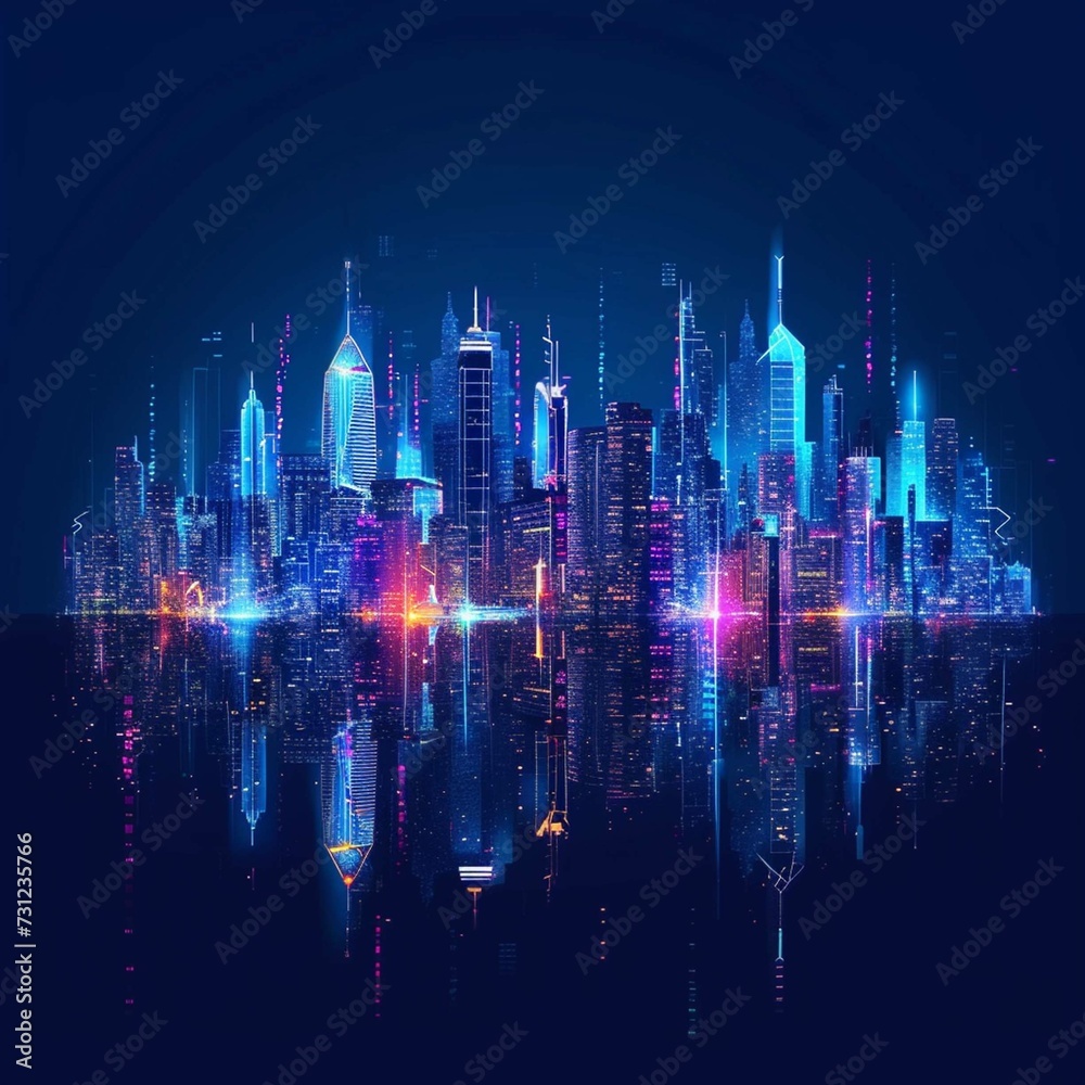 Cityscape on dark blue background with bright glowing neon. Technology city background
