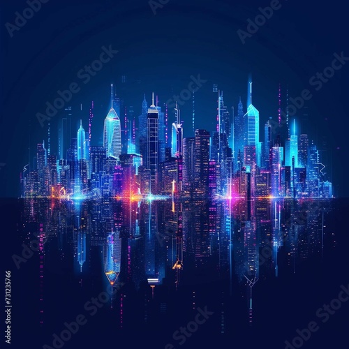 Cityscape on dark blue background with bright glowing neon. Technology city background 