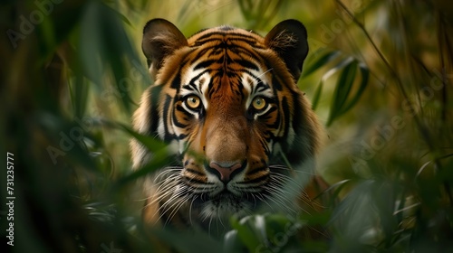 Majestic tiger peering through the foliage in a natural habitat. wildlife scene with detailed portrait. elegantly composed jungle king. AI