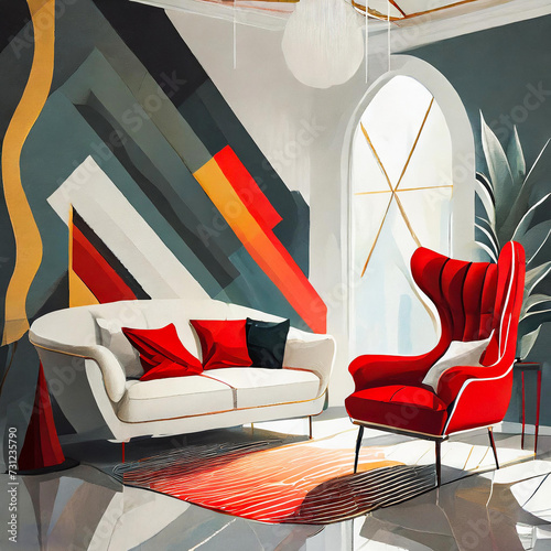 Avant-Garde Elegance: Suprematism Inspired Modern Interior with a Red Wingback Chair and White Sofa Creating Striking Visual Contrast photo