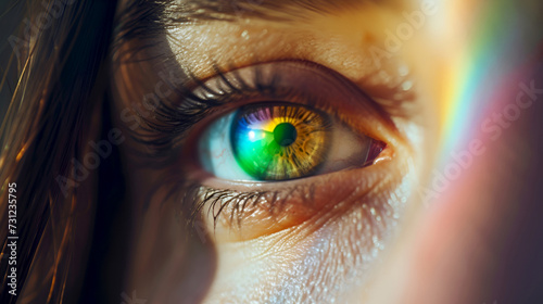 Golden sunlight on a rainbow-colored iris. Colorful eye basking in warm sunlight, rainbow pupil. Multicolored contact lenses ads. Vivid eye with rainbow hues in sunlight