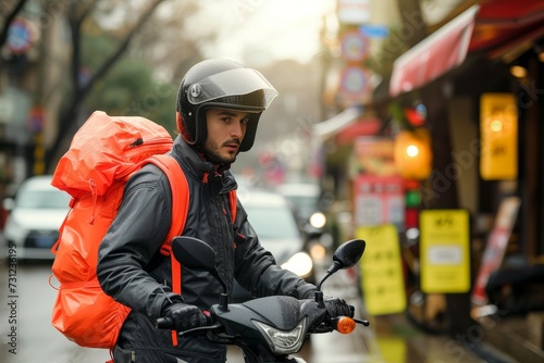 A stylish man cruises down the city street on his orange scooter  clad in a red jacket and helmet  as he navigates through the buildings and cars on his trusty two-wheeled vehicle