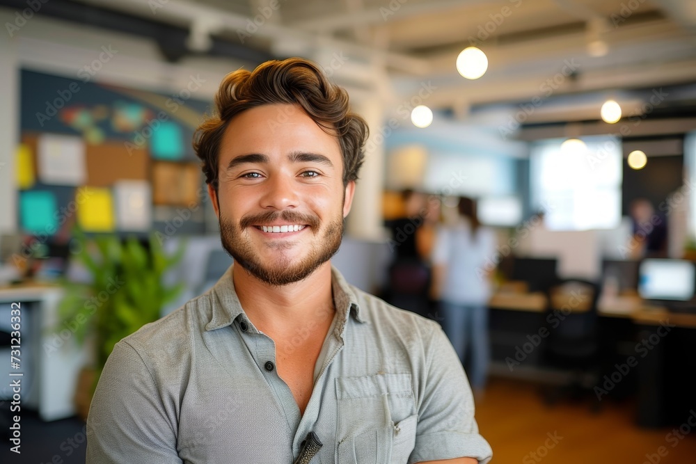 A jovial man confidently beams at the camera, his clothing matching the sleek indoor setting of the wall and ceiling behind him A jovial man confidently beams at the camera, his clothing matching the sleek indoor setting of the wall and ceiling behind him