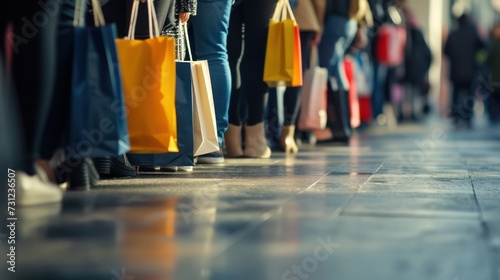 Queue of people shopping, each carrying shopping bags in a shopping center.
