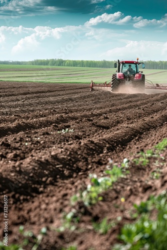 A farmer on a tractor. Sowing in agricultural fields in spring. With each pass, the farmer's tractor sows dreams of abundance.