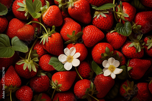 Fresas rojas deliciosas apiladas con tallos y flores  foto para publicidad o impresiones