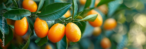 Ripe Fortunella margarita Kumquats cumquats foliage and oval fruits on kumquat tree. Many ripe kumquat fruits, banner