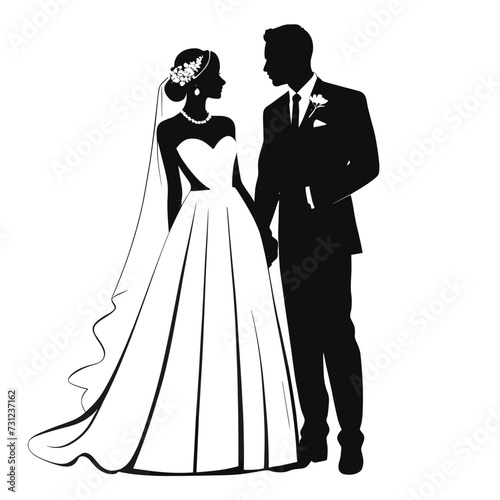 Silhouetted image of a bride in a flowing gown and a groom in a suit, holding hands on their wedding day.