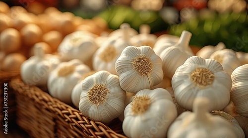 Garlic in a basket. close up view.