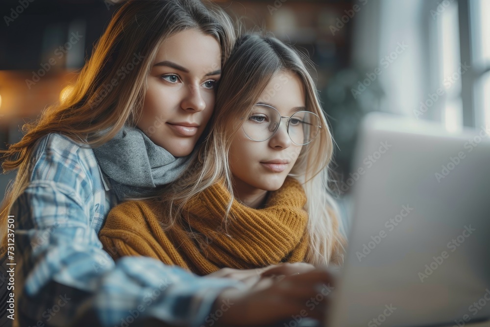 A curious girl and a focused woman sit indoors, their faces lit by the glow of a computer screen, as they admire each other's fashion choices and contemplate the future