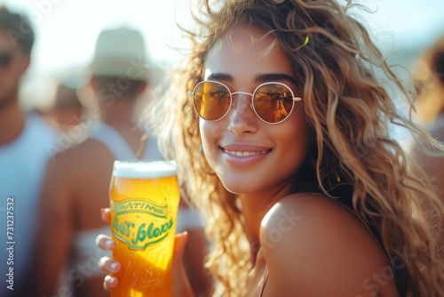A fashionable woman smiles as she enjoys a refreshing pint of beer while wearing stylish sunglasses and trendy goggles in the warm summer sun photo
