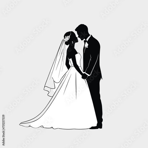 Silhouette of a bride and groom sharing a romantic moment in wedding attire, highlighting love and elegance.