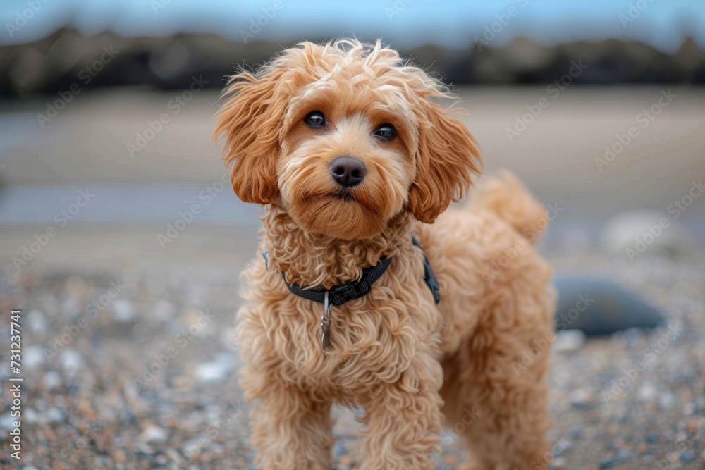 A furry poodle crossbreed stands proudly on the rocky beach, a loyal and loving companion dog for its owner to play with in the great outdoors A furry poodle crossbreed stands proudly on the rocky beach, a loyal and loving companion dog for its owner to play with in the great outdoors