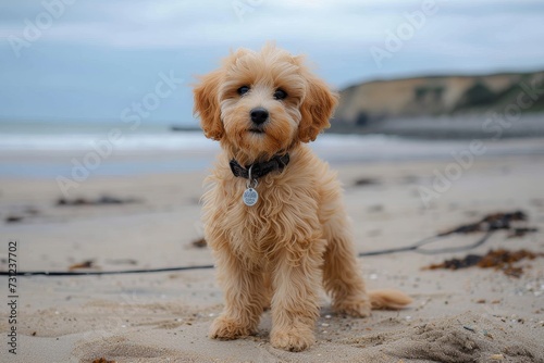 A playful poodle crossbreed puppy enjoys the warm sand and salty air as it runs freely on the beach with its loving companion, a labradoodle