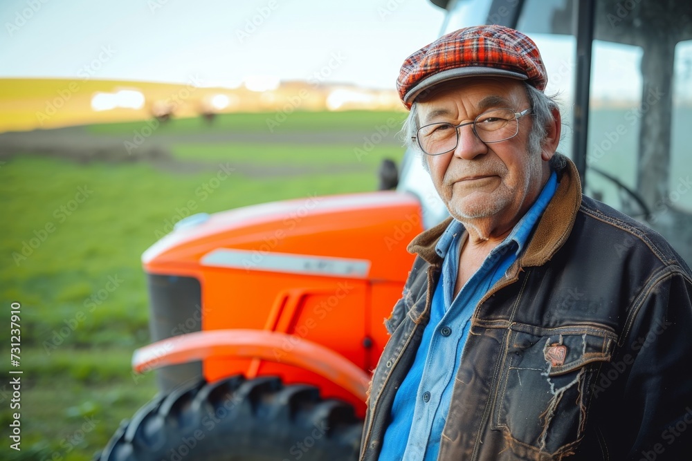 A man with glasses and an orange shirt sits atop a red tractor in a grassy field, his face turned towards the vast blue sky, symbolizing the hardworking spirit and connection to nature found in rural