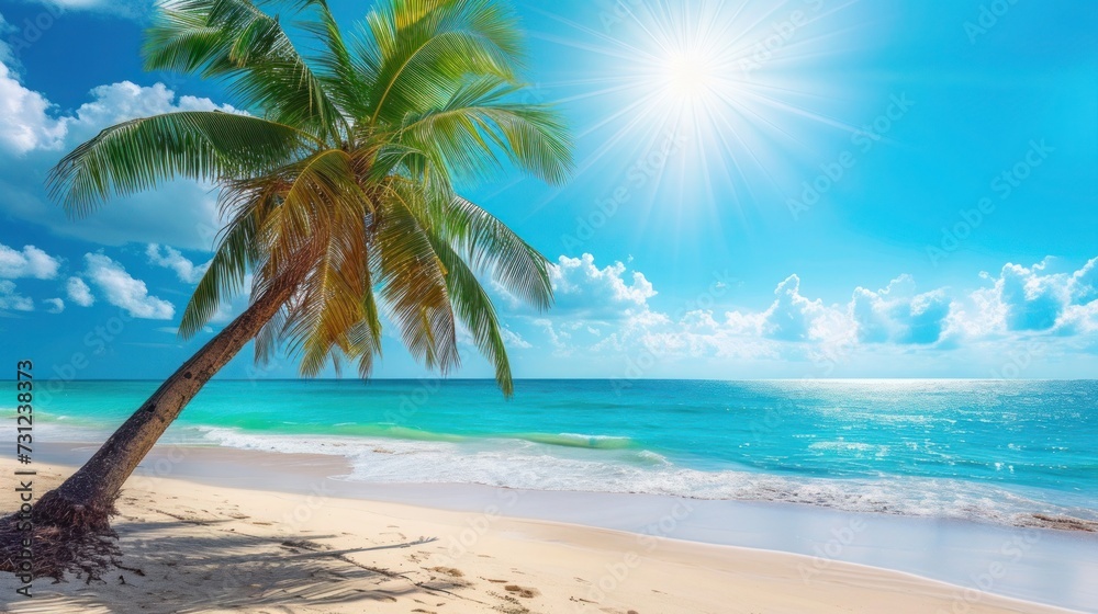 Beautiful beach with palm tree against the backdrop of the azure blue ocean on a bright sunny day, vacation and travel concept