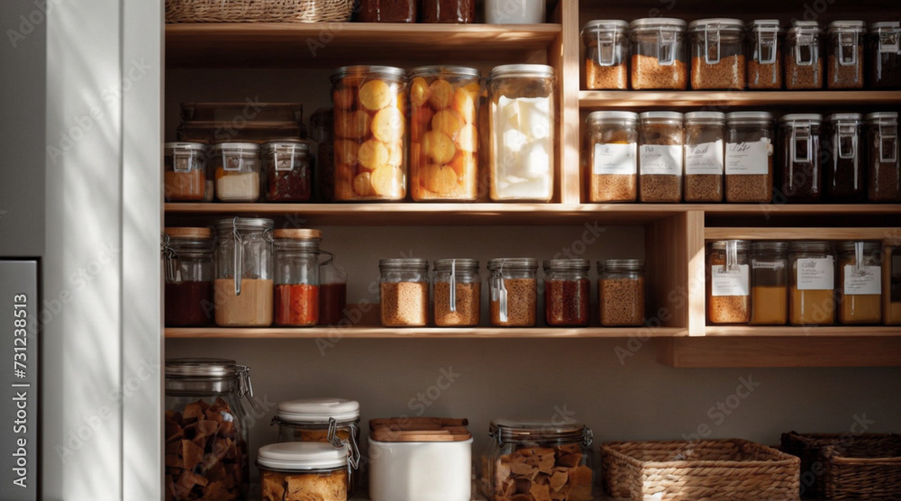 Organized food pantry closet in cozy cottage style home 