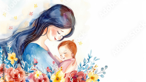 Happy mother with her baby  watercolour illustration  bright floral background. Mother s day concept. Banner with space for text