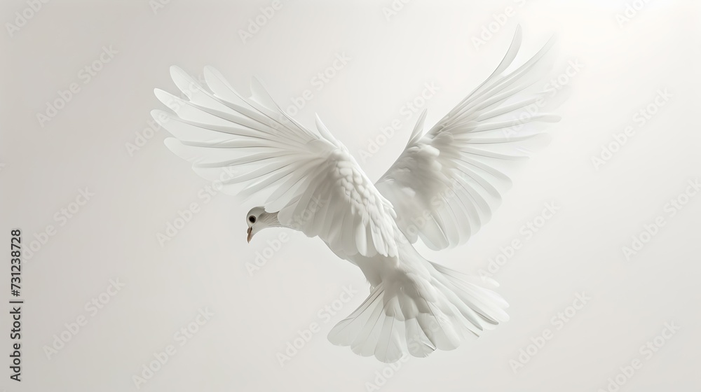 Obraz premium Majestic white dove in flight against a soft gray background. elegant and peaceful bird flying. perfect for peaceful concepts. serenity in nature captured. AI