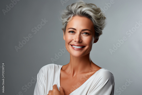 Graceful mature woman with stylish short silver hair  smiling in a white dress
