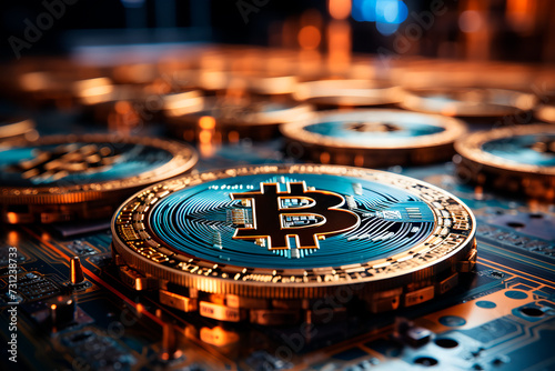 Golden Bitcoins stacked on a blue circuit board, symbolizing digital cryptocurrency technology.