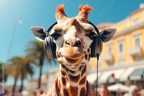 A whimsical giraffe wearing headphones, seemingly enjoying music amidst a sunny, urban landscape.