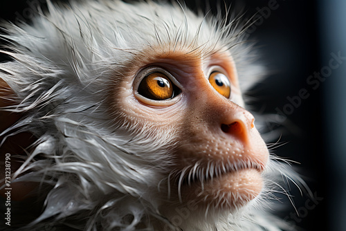 Close-up of a white-furred monkey with a penetrating orange gaze, set against a dark background.